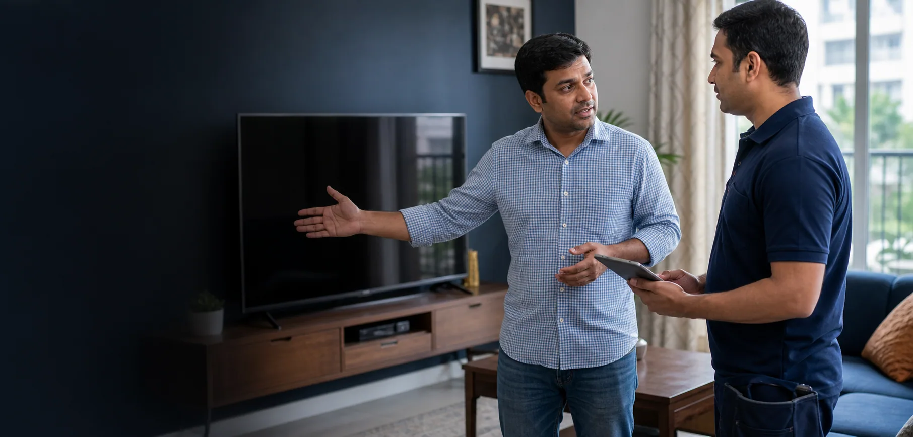 Two people discussing a television beside a TV