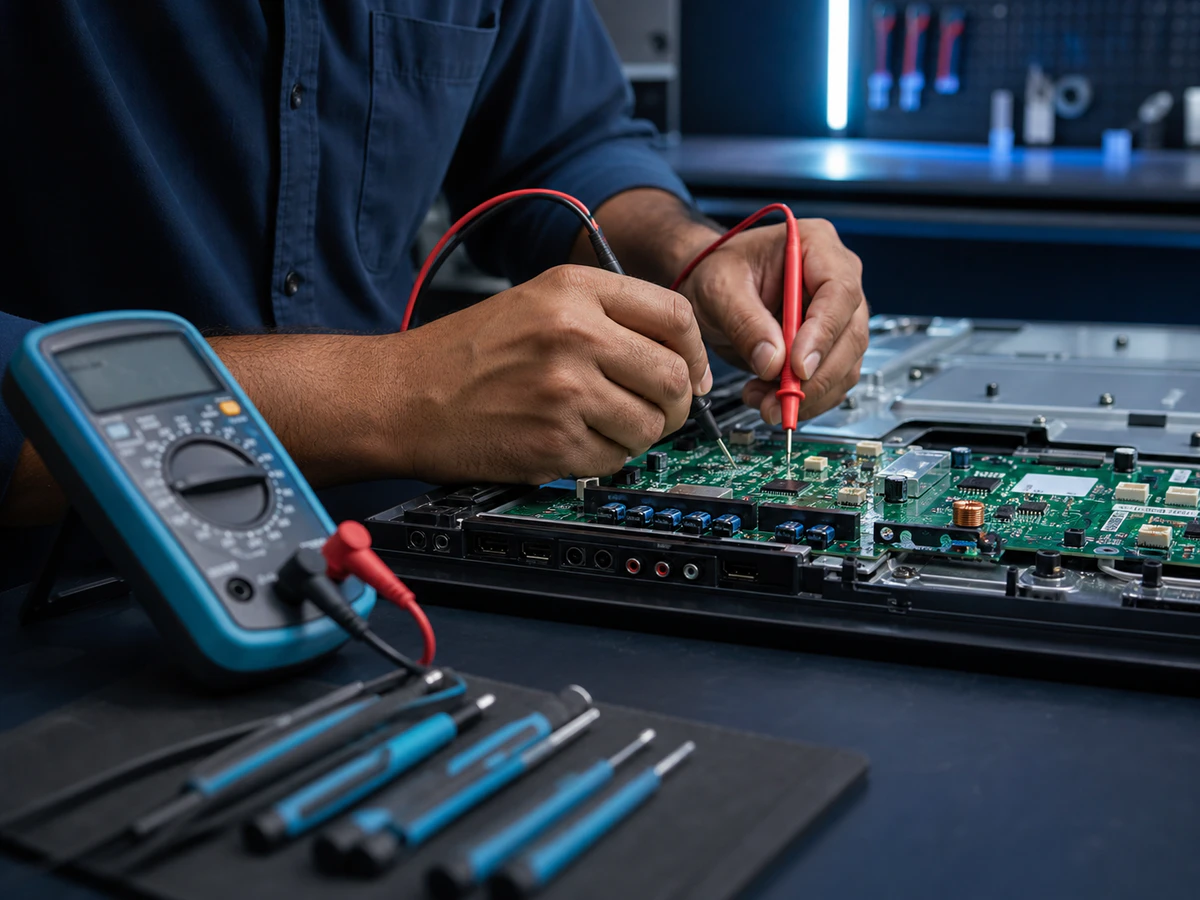 Technician testing a television circuit board with a multimeter