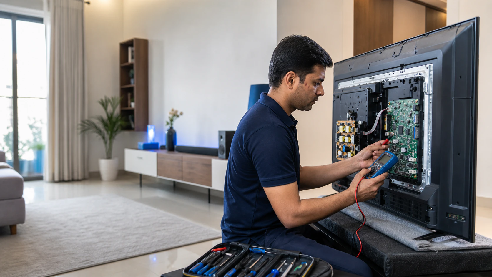 Technician checking the back of a television with a multimeter