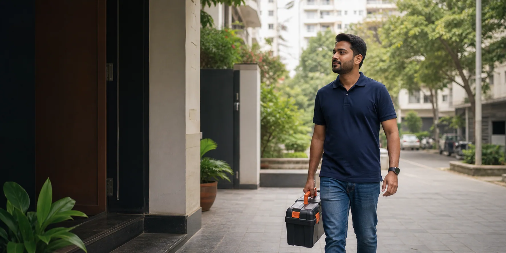 Person carrying a tool case near a residential building
